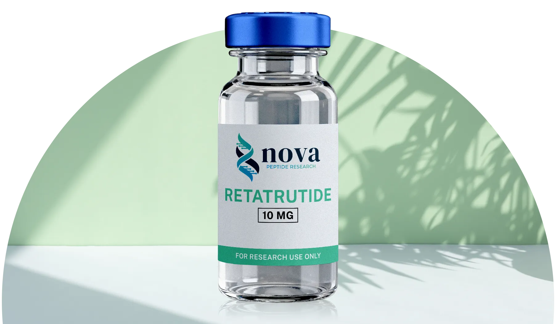 Retatrutide bottle sits on a table with a green backround